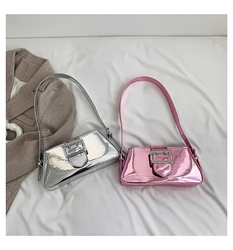 New Luxury Design Women's Glossy PU Leather Armpit Bag | Fashion Party Handbag (Patent Leather Silver Shoulder & Crossbody Bag) Luxegan