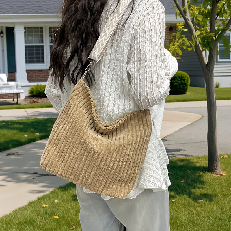 Solid Color Corduroy Messenger Bag | Casual Chic Women’s Bucket Bag | Versatile Crossbody & - view 5
