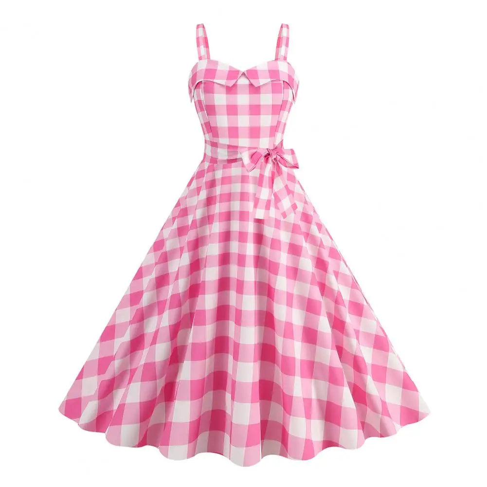 Plaid Off-the-Shoulder Square Collar Sleeveless Sash Loose Fit Ball Gown Midi Dress – Elastic Waist, Spring/Summer Luxegan