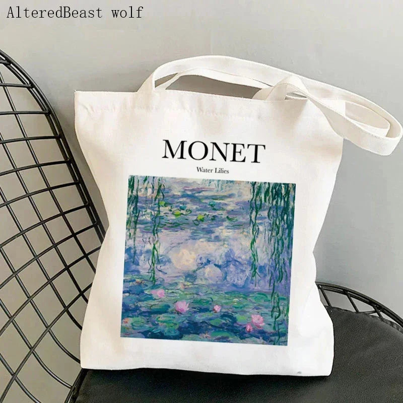 Monet Water Lilies Canvas Shoulder Bag | Sophisticated Kawaii Harajuku Shopping Tote | Elegant Art-Inspired Shopper Handbag | "Dignified" Durable Square Purse for Versatile Daily Styling Luxegan