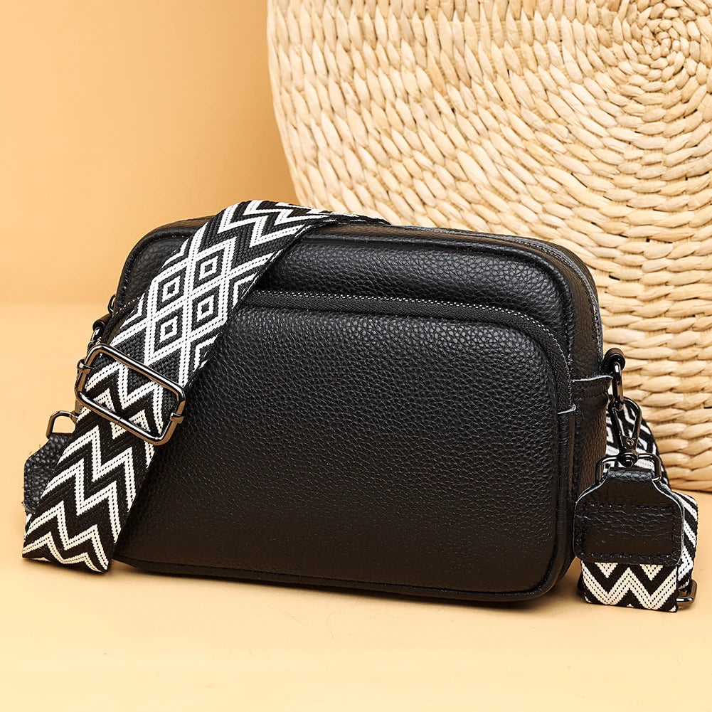 Genuine Leather Wide Strap Shoulder Bag | Solid Color Crossbody & Phone Bag Luxegan