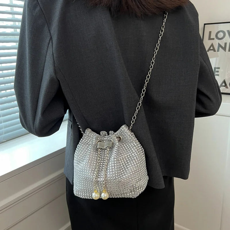 Sparkling Rhinestone Embellished Drawstring Crossbody Bag, Multi-Functional Bucket Purse, Formal Handbag for Women Daily Commute Luxegan