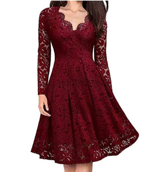 Solid V-Neck Full-Length Sleeve Slim Fit A-Line Knee-Length Dress – High Stretch Polyester-Cotton Broadcloth, Empire Waist, Summer Luxegan