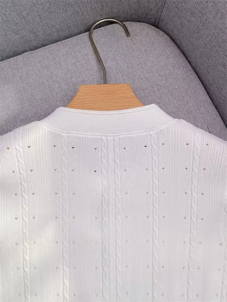 French Style Knitted Long Dress round Neck Hollow out Wooden Edge Skirt Elegant Autumn Luxury Women's Fashion One Piece Dress