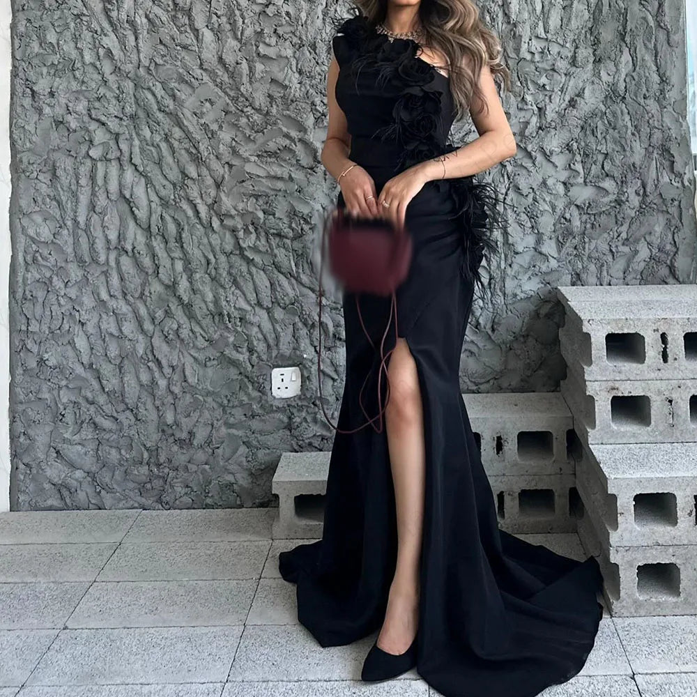  Floral Feather Mermaid Prom Gown | One-Shoulder Sleeveless Floor-Length Evening Dress Luxegan
