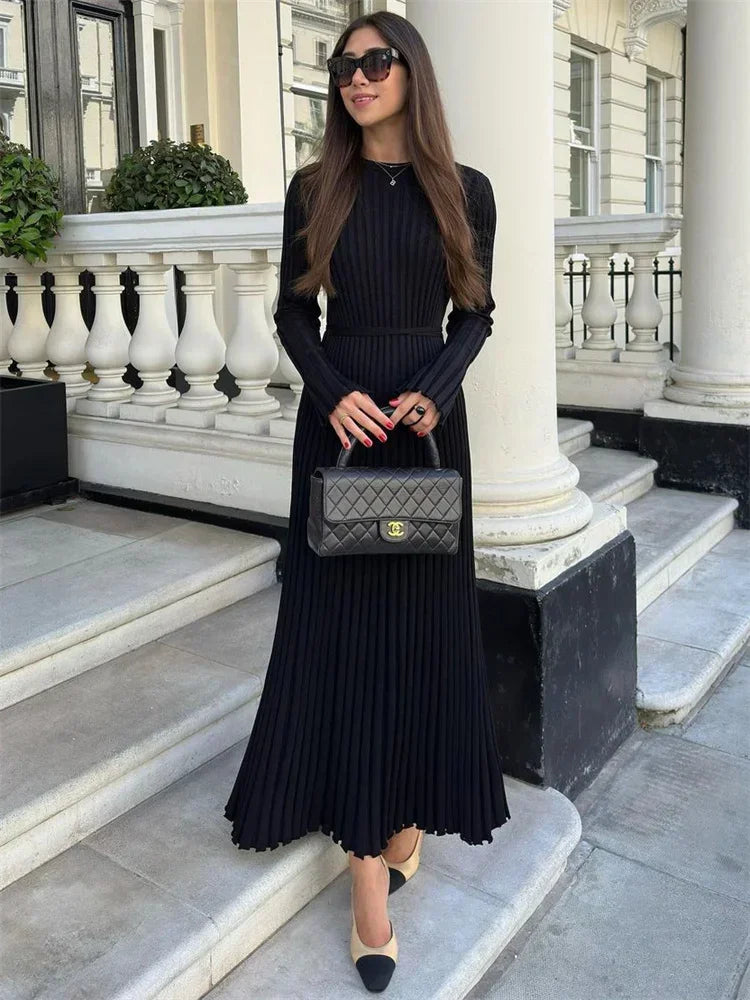 Lace-Up Female Knit Maxi Dress | Sophisticated High-Waist Patchwork Long-Sleeve Gown | Elegant "Bandage Knitwear" Silhouette | "Dignified" High-Stretch Loose Dress for Radiant Versatile Autumn & Winter Styling Luxegan