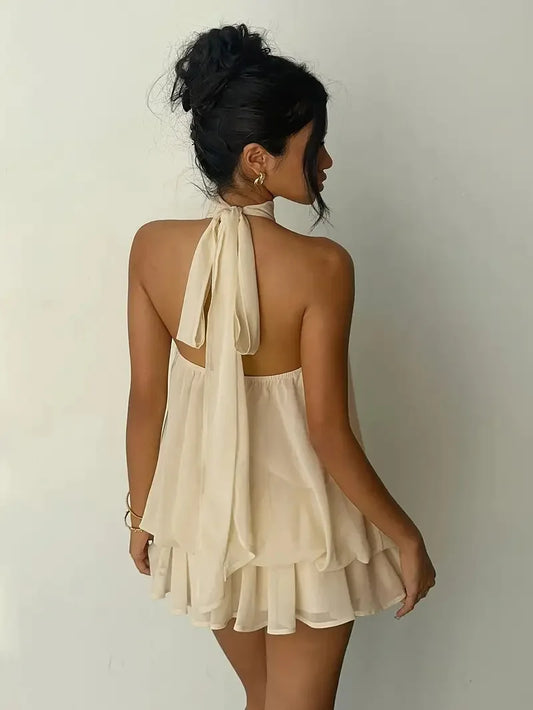 Halter Neck Backless Tie-Front Mini Dress – Sleeveless, Loose Fit Luxegan