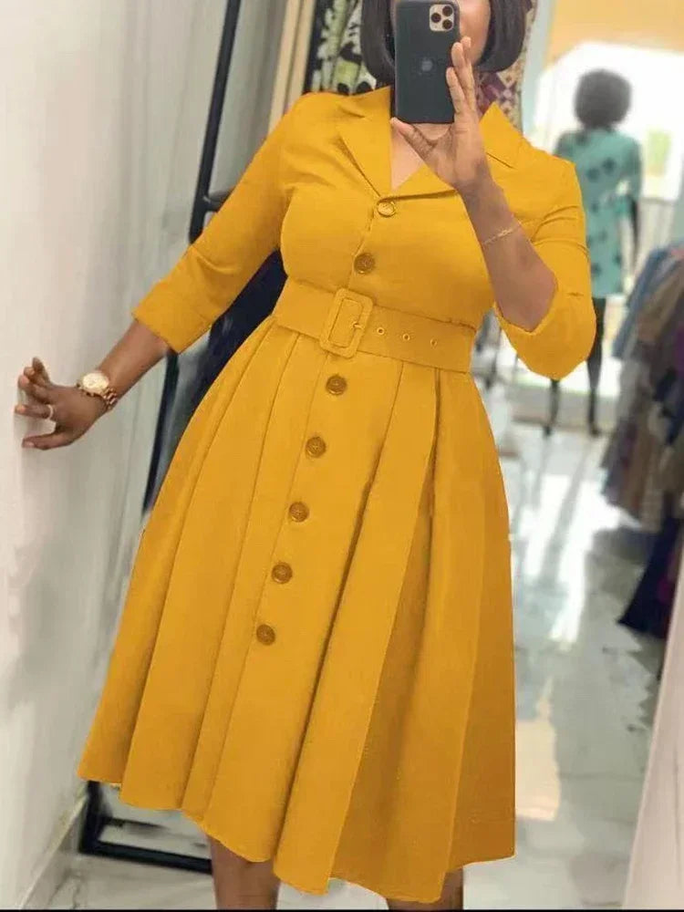 Solid Notched Lapel Long Sleeve Belted Slim Fit Fit-and-Flare Knit Mid-Calf Dress – Empire Waist, All Season Luxegan