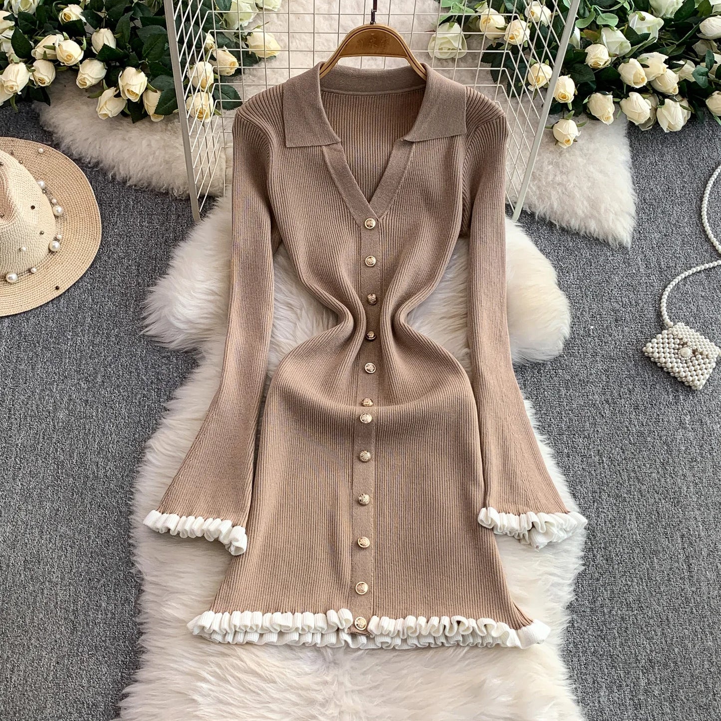 Slimming Knitted Mini Dress | Sophisticated Metal Buckle V-Neck Gown | Elegant "Bell Sleeve" Silhouette | "Dignified" High-Waist A-Line Skirt for Radiant Versatile Spring &amp; Summer Styling Luxegan