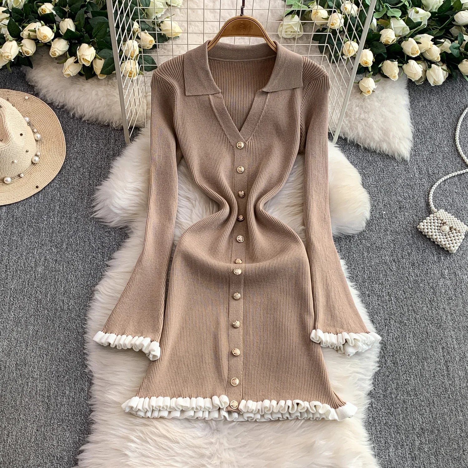 Slimming Knitted Mini Dress | Sophisticated Metal Buckle V-Neck Gown | Elegant "Bell Sleeve" Silhouette | "Dignified" High-Waist A-Line Skirt for Radiant Versatile Spring &amp; Summer Styling Luxegan