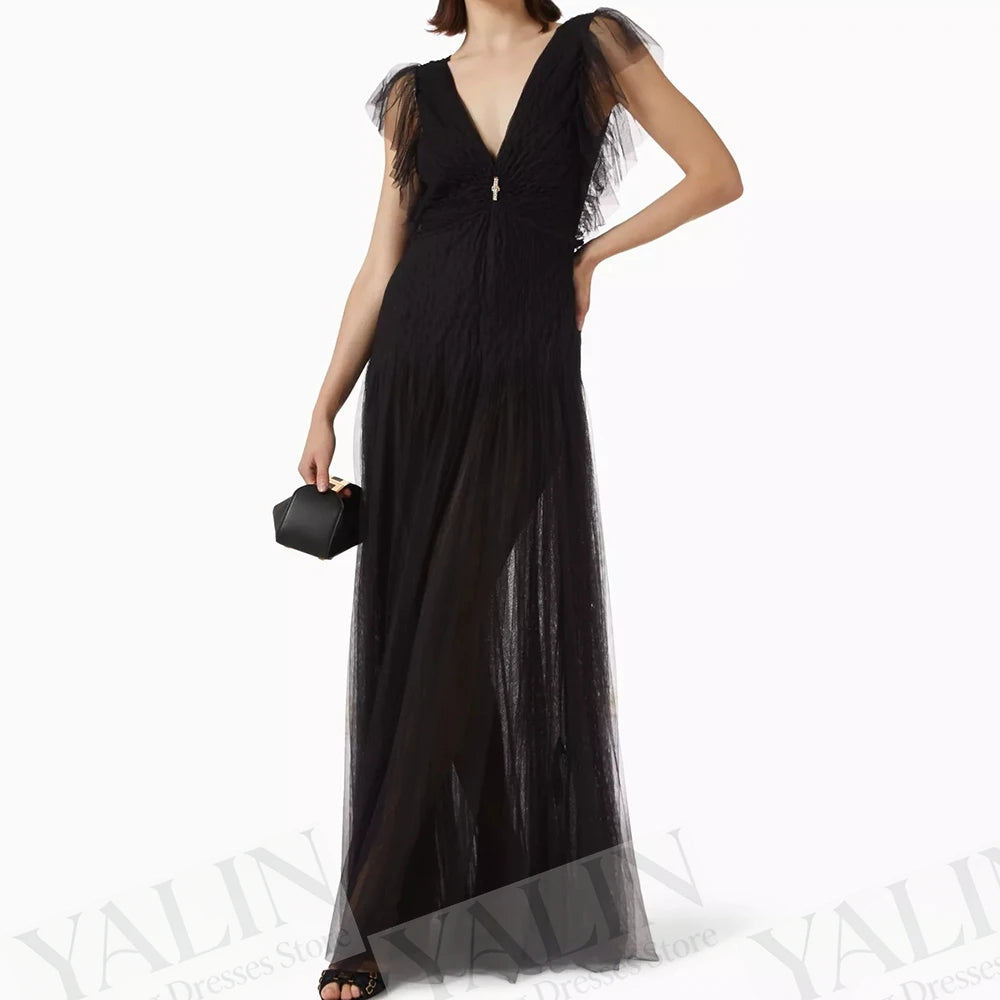  Ruched Draped A-Line Prom Dress | V-Neck Sleeveless Floor-Length Evening Gown Luxegan