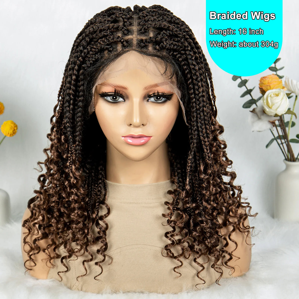 16 Inch Boho Knotless Box Braided Wig | Full Lace | Curly Ends
