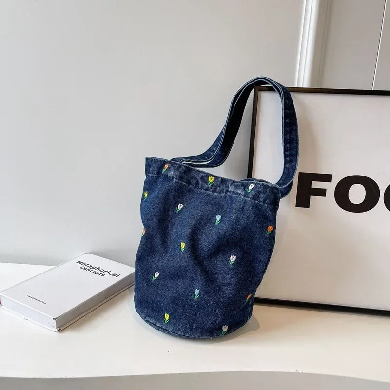 Designer Denim Bucket Bag | Vintage Floral Canvas Shoulder Bag & Crossbody | Casual Unisex Tote with Linen Lining and Hasp Closure Luxegan