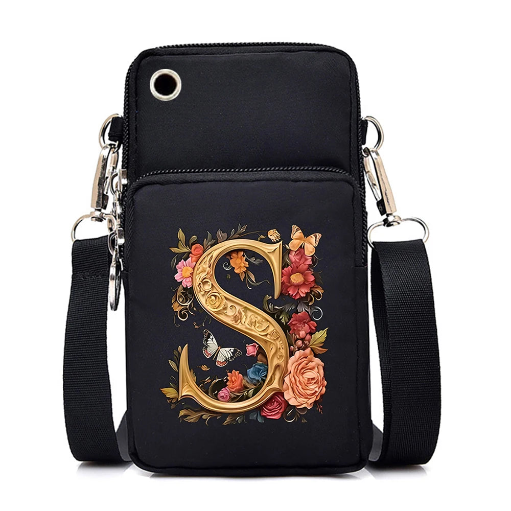 Women’s Small Crossbody Mobile Phone Bag | Sophisticated Vintage Flower & Alphabet Purse | Elegant Mini Messenger with Soft Leather Strap | Fashion-Forward Cartoon Applique Shoulder Bag (Model 858) Luxegan