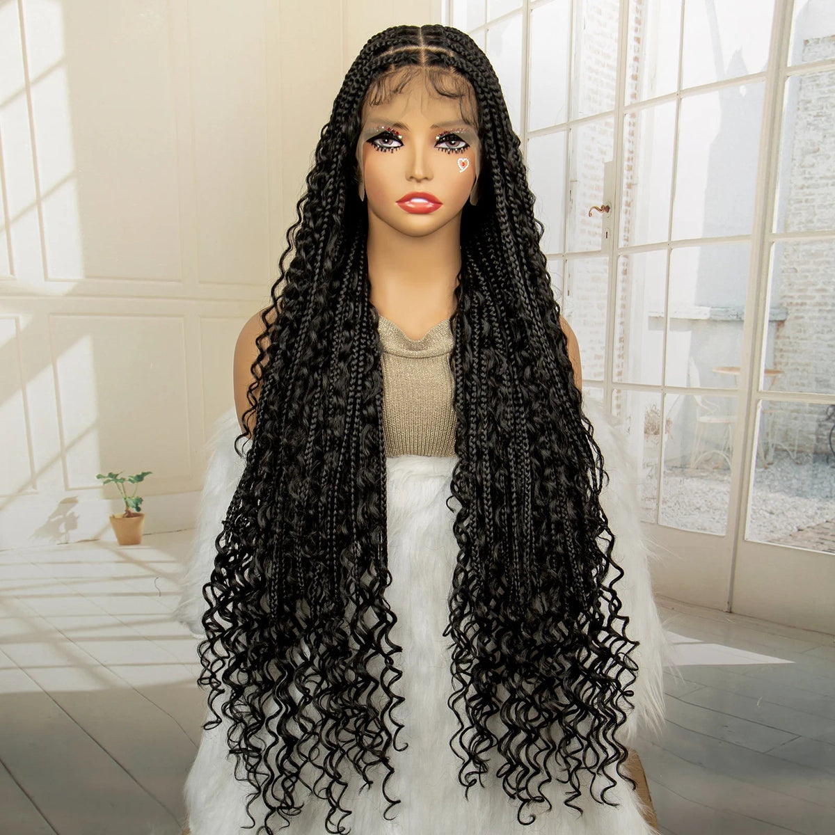 36 Inches Long Boho Braided Wigs with Baby Hair Synthetic Full Lace Knotless Box Braiding Wig with Curly Lace Frontal Wig Luxegan