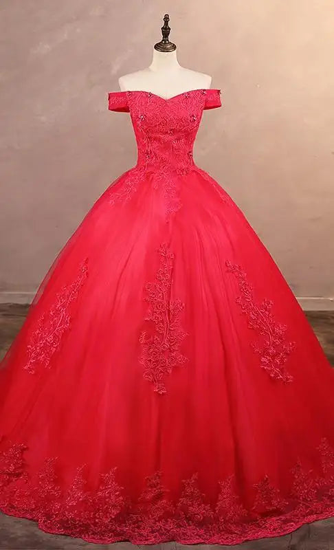 Luxury Floral Tulle Quinceañera Ball Gown | Off-The-Shoulder Sweet 15 Party Dress | Floor-Length Embroidered Lace Princess Dress Luxegan