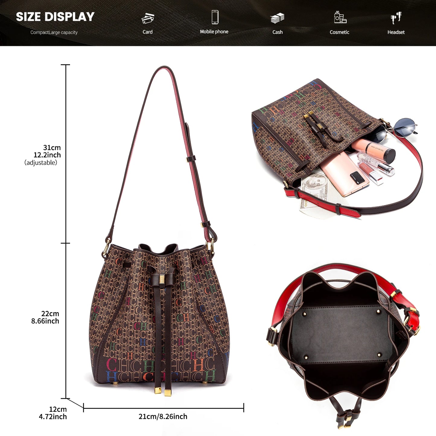 Luxury Classic Women’s Bucket Bag | Fashion PVC Printed Shoulder Bag | Designer Inspired Mini Bucket Purse | Trendy "Luxury Brand" Lettered Handbag (Model CO2C2211) Luxegan