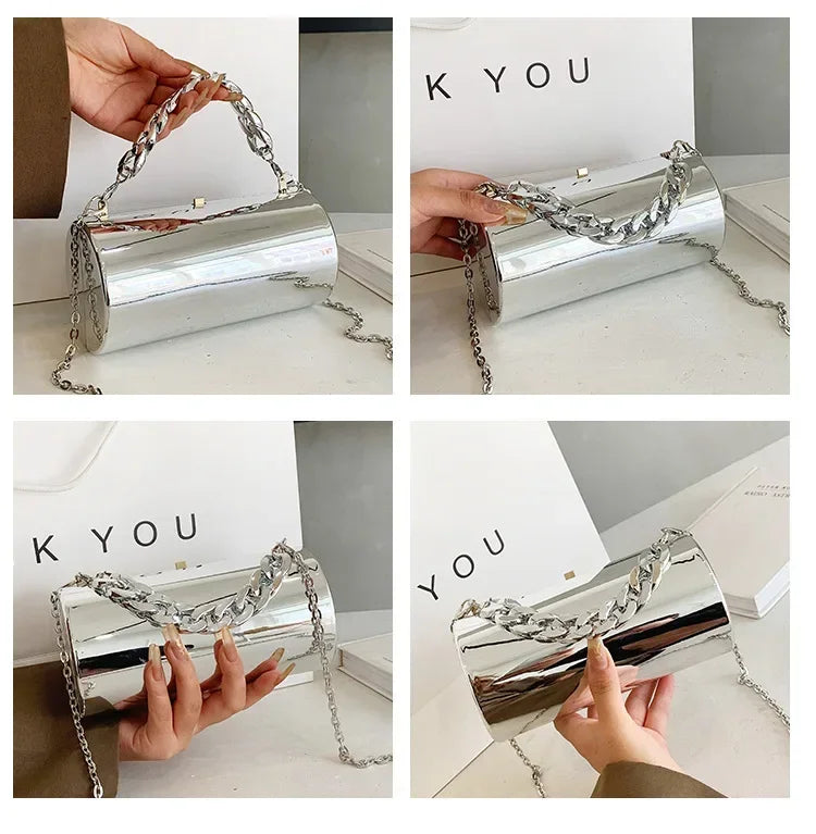 Hard Luxury Gold Cylinder Clutch | Metallic Crossbody Mini Evening Bag Luxegan