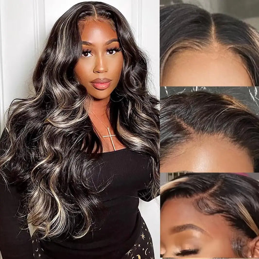 Long Body Wave Highlight Wear-and-Go Glueless 6x6x1 T-Part Lace Closure Wig - Pre-Plucked & Bleached Knots Mixed Hair Wig - Transparent Swiss Lace Human Hair & Synthetic Blend Wig for Women Luxegan