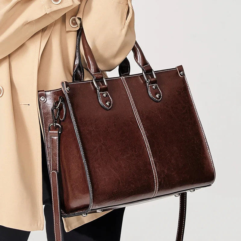Genuine Leather Crossbody Shoulder Tote | Sophisticated Real Cowhide Fashion Handbag | Elegant Office Top-Handle Messenger | "Dignified" Soft Leather Box Bag for Versatile Professional Styling Luxegan