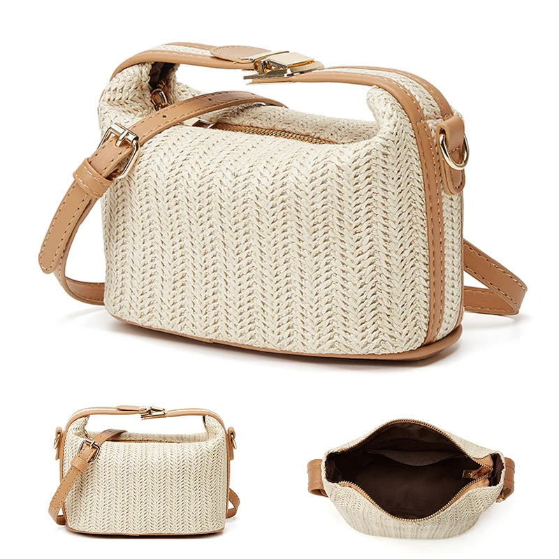 Trendy Summer Small Straw Handbag | Woven Bucket Crossbody Bag | HARD Casual Seaside Beach Handle Tote (Women/Girls) Luxegan