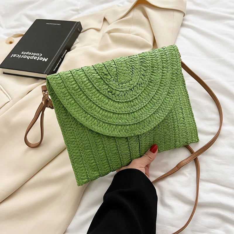 Handmade Woven Straw Envelope Clutch | Sophisticated Fur-Accent Shoulder Bag | Elegant Summer Crossbody Purse | "Dignified" Soft Beach Handbag for Versatile Vacation Styling Luxegan