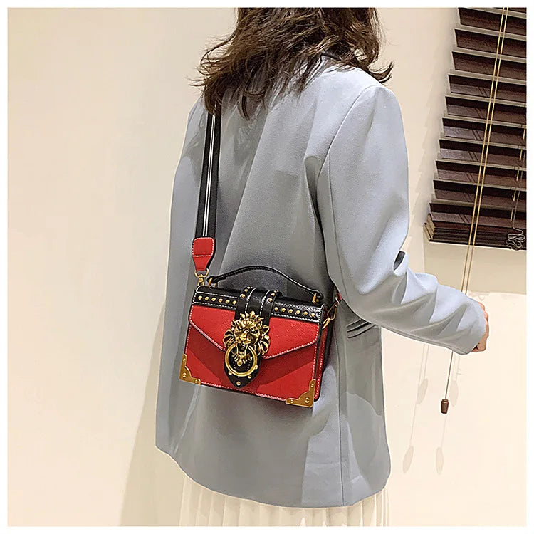 Retro Women's Fashion Handbag | Luxury Metal Lion Head Brand Shoulder Bag | Vintage Mini Square Storage Purse | Trendy Designer Messenger Bag (Model LMY1310) Luxegan