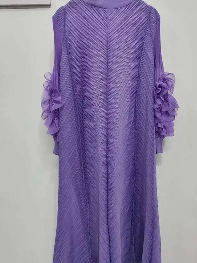 Pleated Lettuce Hem Maxi Dress | Turtleneck Full Sleeve Loose A-Line Casual Dress Luxegan