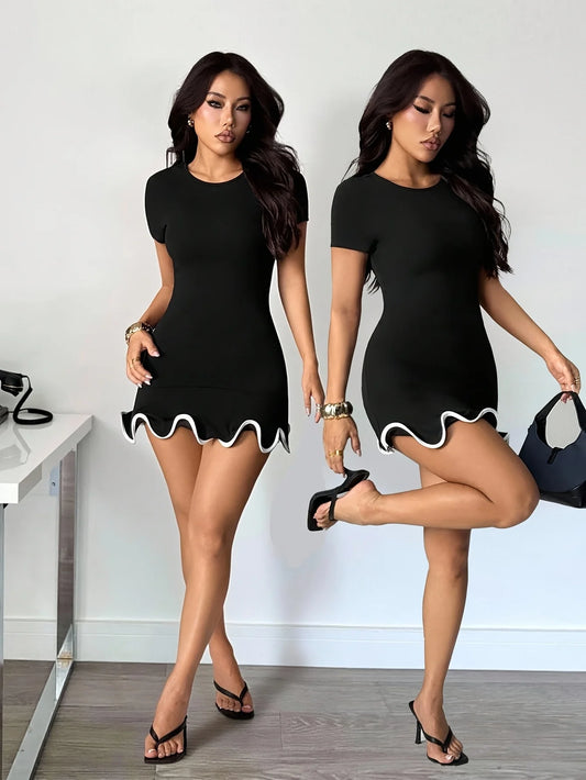 Ruffled Hem Bodycon Mini Dress | O-Neck Short Sleeve Slim Fit Sheath Dress Luxegan