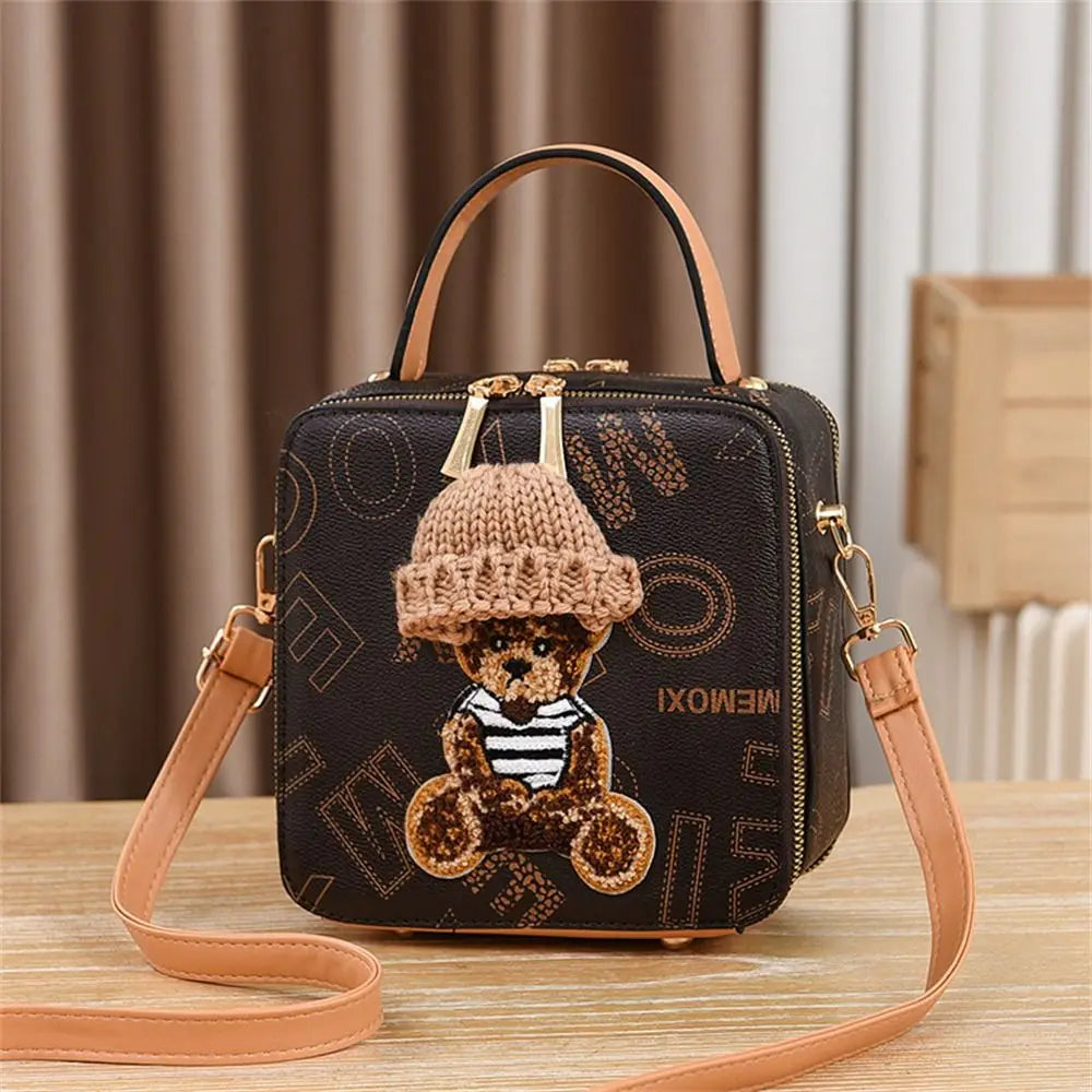 PU Leather Shoulder Bags | Fashion Simple Cute Cartoon Bear Crossbody Bag & Messenger Bag (Women's Small Square Handbags) Luxegan