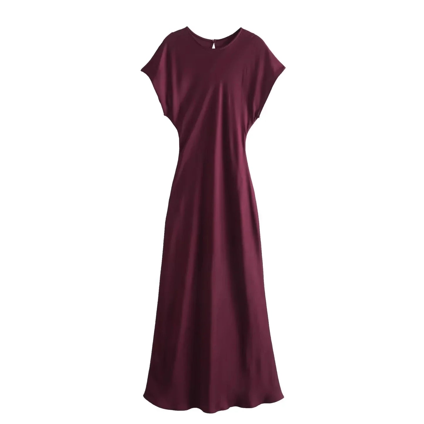 Women's Elegant Solid Satin Midi Dress | Chic Vintage O-Neck Short Sleeve Evening Gown | Luxury All-Season Slim Fit Party Dress | Premium A-Line Mid-Calf Vestido Model 9965 Luxegan