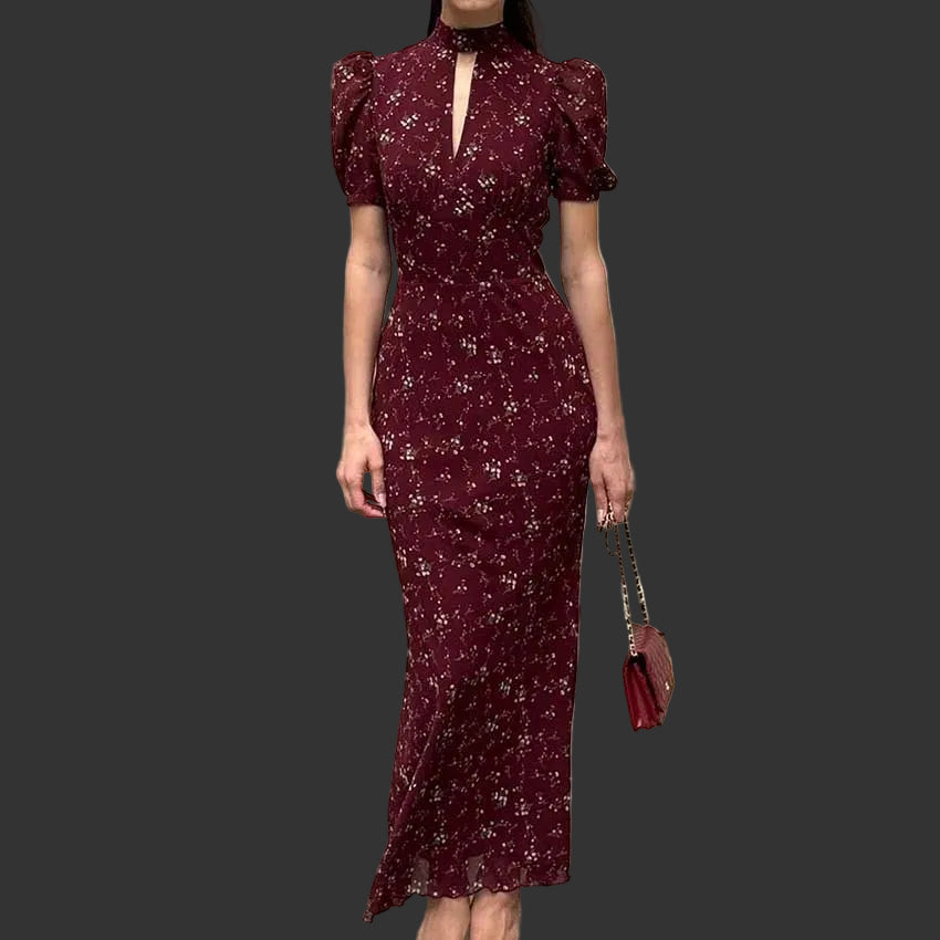  Hollow-Out Print Floor-Length Dress | O-Neck Short Sleeve High Waist Maxi Dress Luxegan