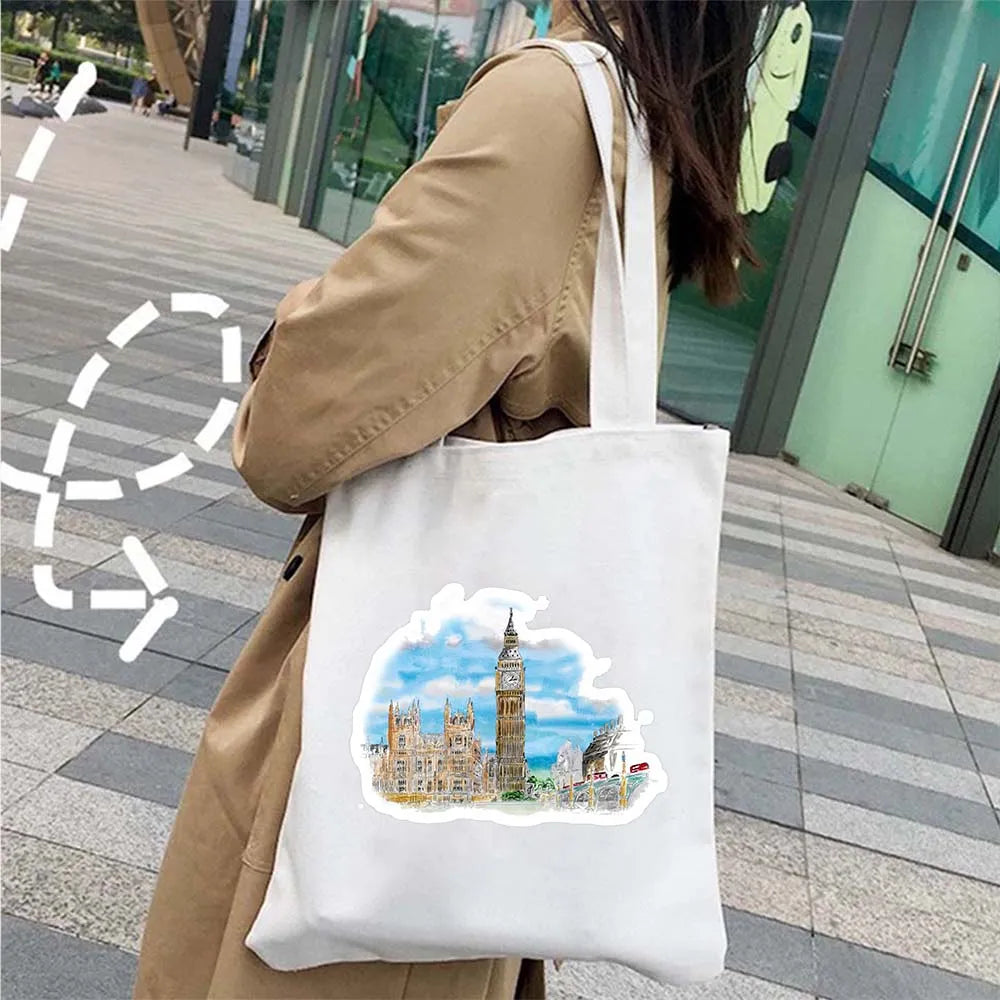London Big Ben England Map Flag Canvas Tote Bag | UK City Landscape Skyline Shoulder Shopping Handbag (Women's Tourist Gift) Luxegan