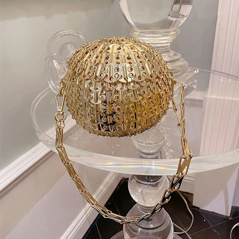 Designer Aesthetic Handmade Woven Metal Bag | Luxury Metal Sheet Ball Shoulder Bag | Elegant Hollow Out Evening Purse | Fashionable Metallic Holiday Party Crossbody Luxegan