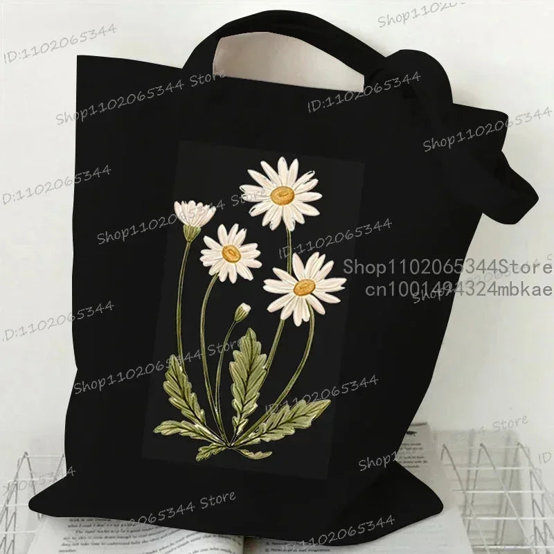 Fashion Canvas Tote Bag Oil Painting Wildflowers Print Lady Shoulder Shopping Bag | Plant Style Daisy Vintage Flower Women Handbag Luxegan