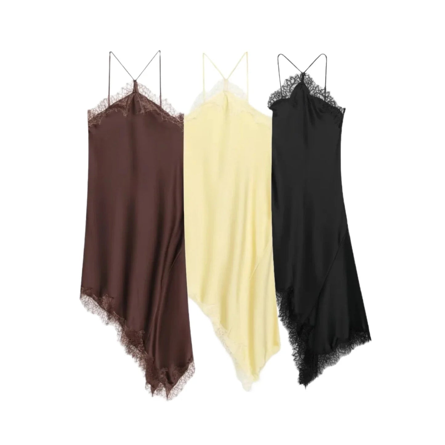 Lace Trim Satin-Texture Halter Midi Dress | Sexy Asymmetric Loose-Fit Camisole | Spring/Summer Slight Stretch Club Dress Luxegan