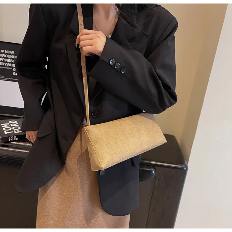 Faux Suede Solid Square Bag | Elegant French Vintage Underarm Handbag Luxegan