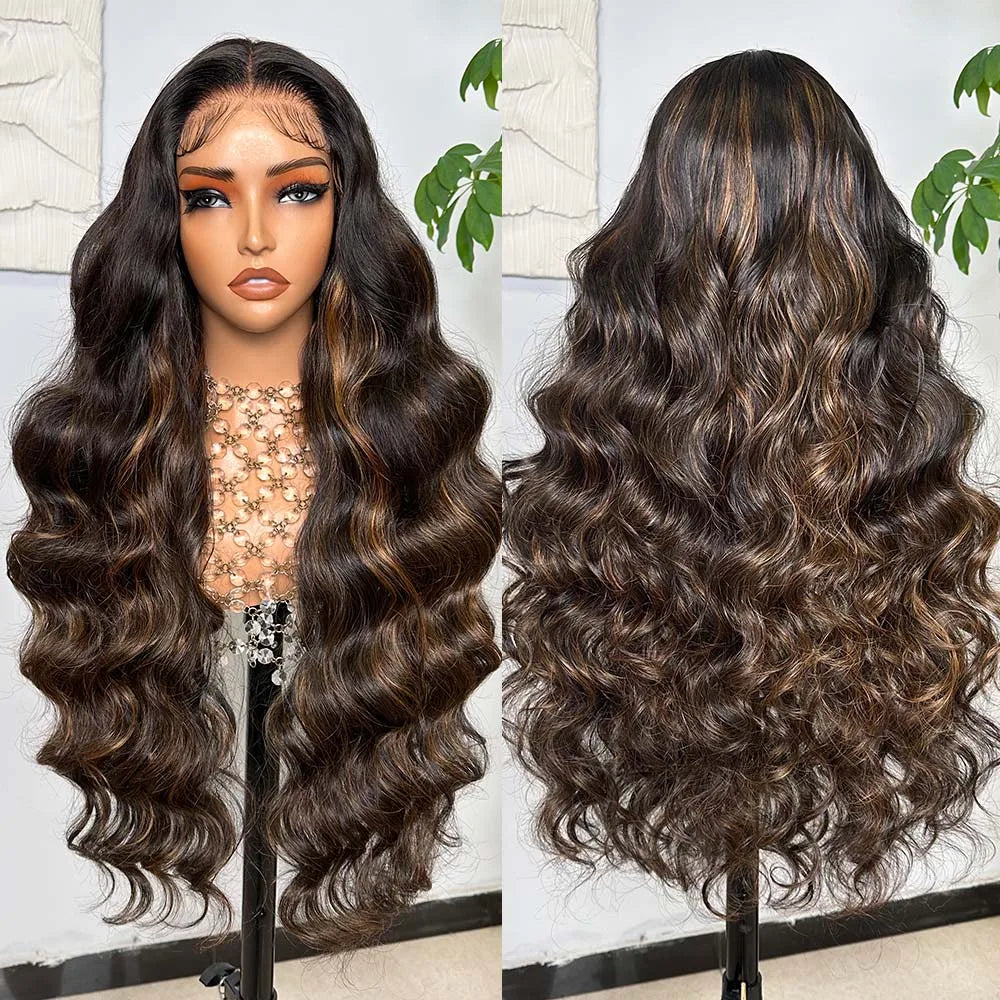 Long Body Wave Highlight Wear-and-Go Glueless 6x6x1 T-Part Lace Closure Wig - Pre-Plucked & Bleached Knots Mixed Hair Wig - Transparent Swiss Lace Human Hair & Synthetic Blend Wig for Women Luxegan