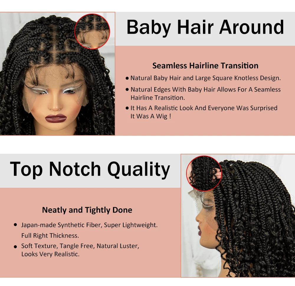 Full Lace Braided Lace Wigs Synthetic Knotless Box Braided Lace Wig with Curly Ends for Black Women Kinky Curly Braided Bob Wig Luxegan