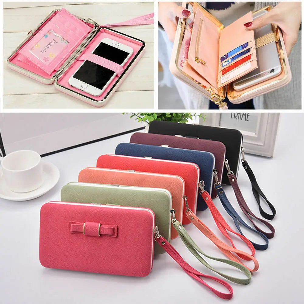 Fashion Women Clutch Wallet Long Card Holder Case Purse Cellphone Case Handbag With Wristlet