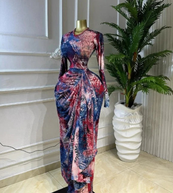 Women's Tie-Dye Ruched Ribbon Long Sleeve Maxi Dress Luxegan