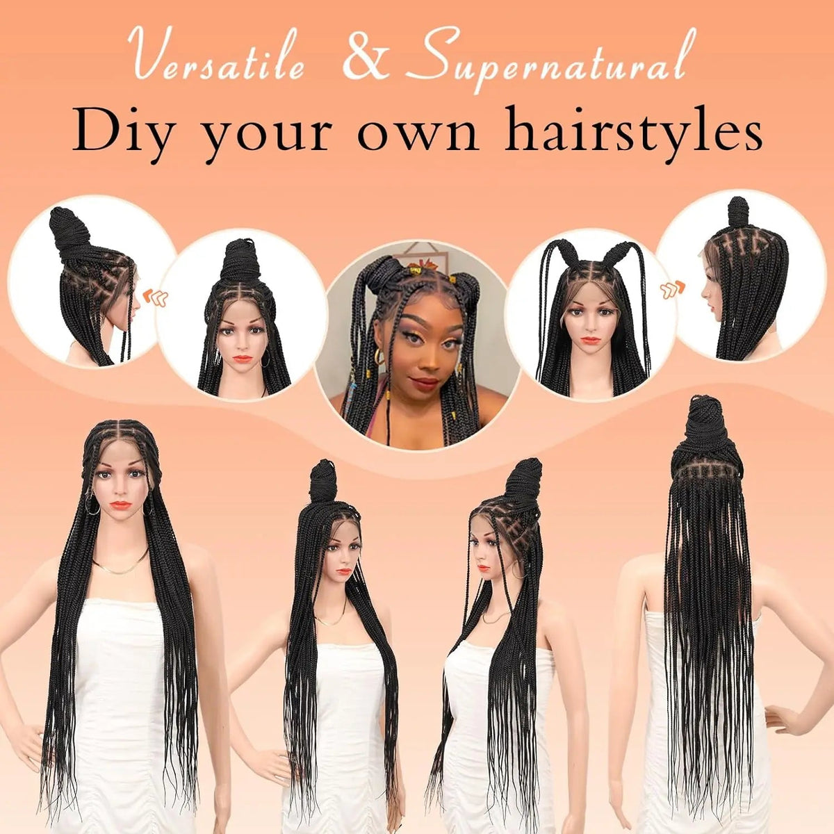 Synthetic 36 inch Lace Front Knotless Braided Wigs Black Box Braid Wig with Baby Hair Blended Lace Frontal Box Braided Luxegan