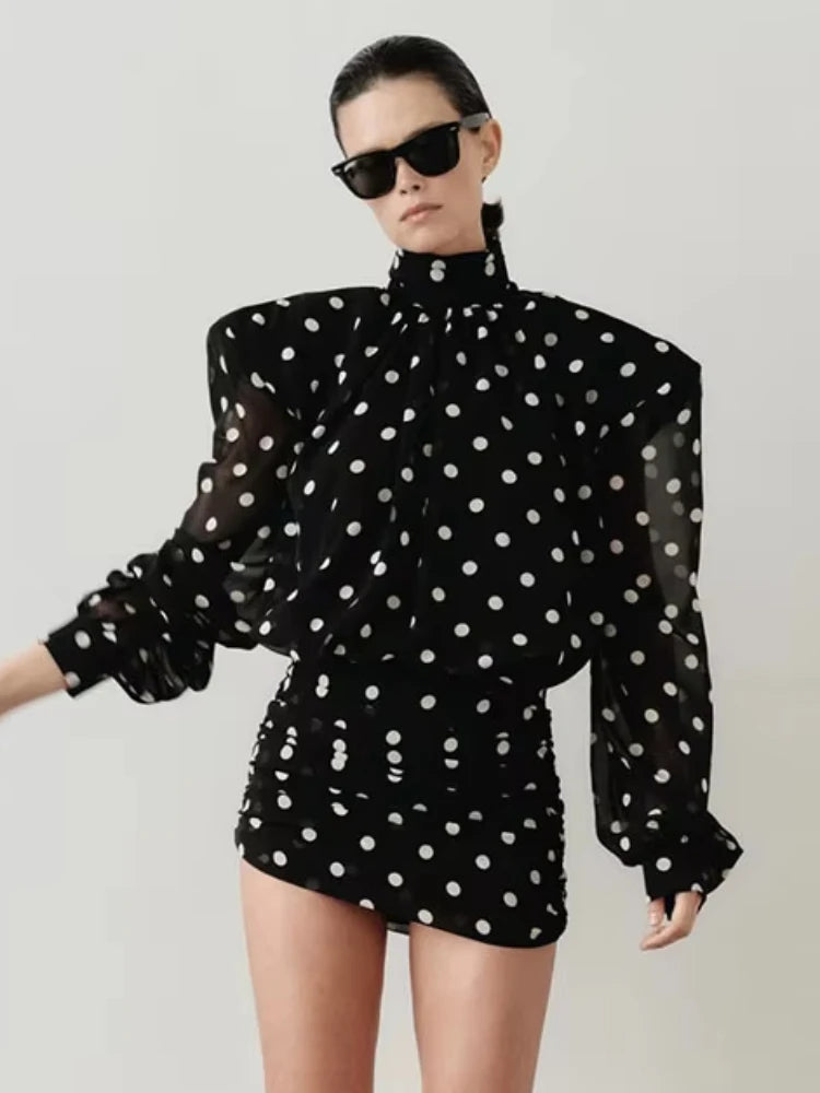 Women's See-Through Mesh Mini Dress | Elegant Turtleneck Full Sleeve Bodycon Gown | Polka Dot Print Skinny Ruched Dress | Premium High Stretch Patchwork Slim Fit Sheath Vestido Model K25D88364 Luxegan