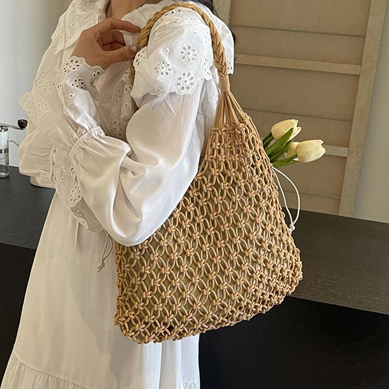 Women's Large Capacity Straw Handbag Totes | Hollow Out Shoulder Bags & Vintage Travel Beach Bag (Shopping Pack) Luxegan