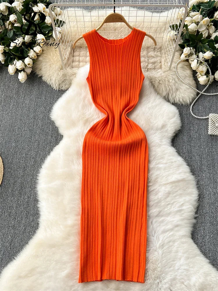 Women's Solid O-Neck Sleeveless Knit Dress | Elegant Pleated Draped Mid-Calf Gown | Slight-Stretch Slim-Fit Office Lady Retro Bodycon Dress Luxegan