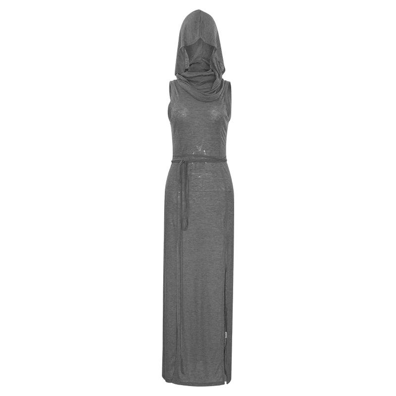 Women's Sexy European & American Style Sleeveless Hooded Dress | Hollow-Out High-Split Ankle-Length Gown | High Stretch Slim Fit Solid Color Streetwear Vestido | Summer Sheath Dress Model W068DS Luxegan