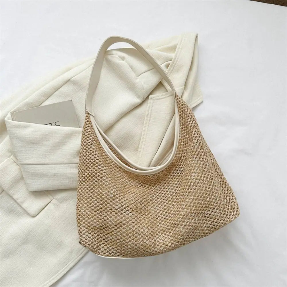 Casual Woven Straw Bucket Bag | Large Capacity Underarm Shoulder Bag | Women’s Fashion Solid Color Tote | Minimalist Summer Weave Handbag Luxegan