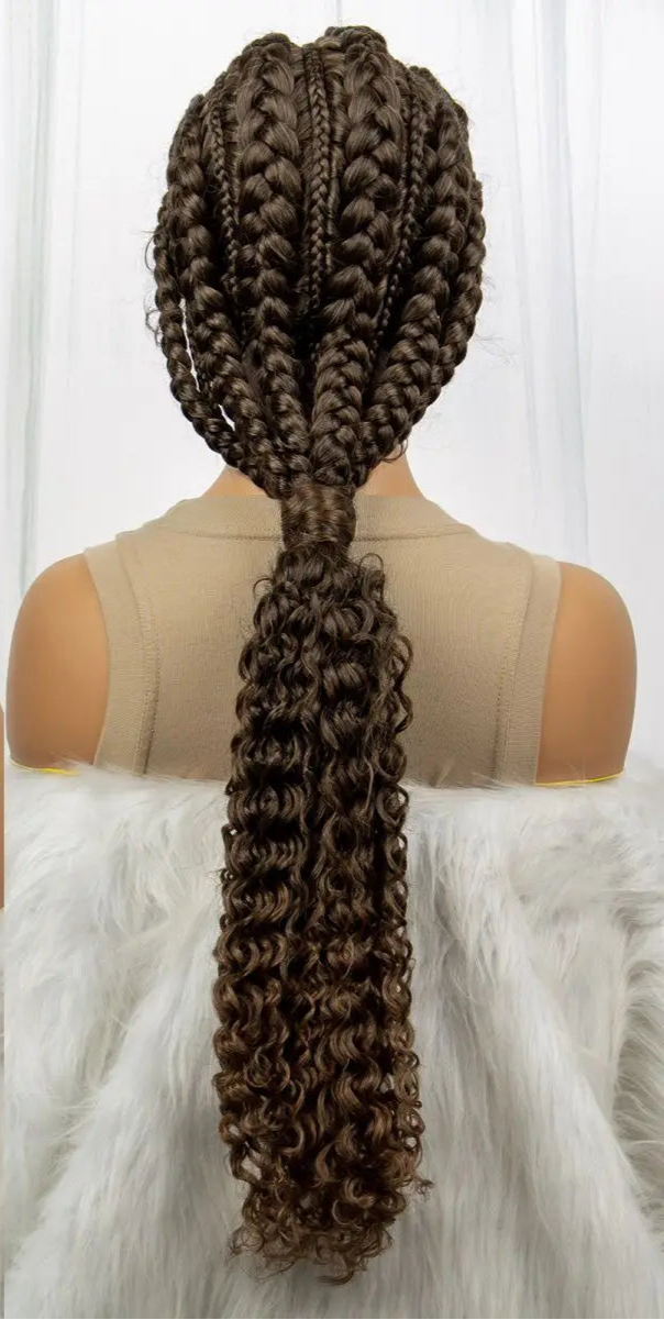  28" Burgundy Knotless Braids Wig with Curly Ends | Lace Front | Baby Hair Luxegan
