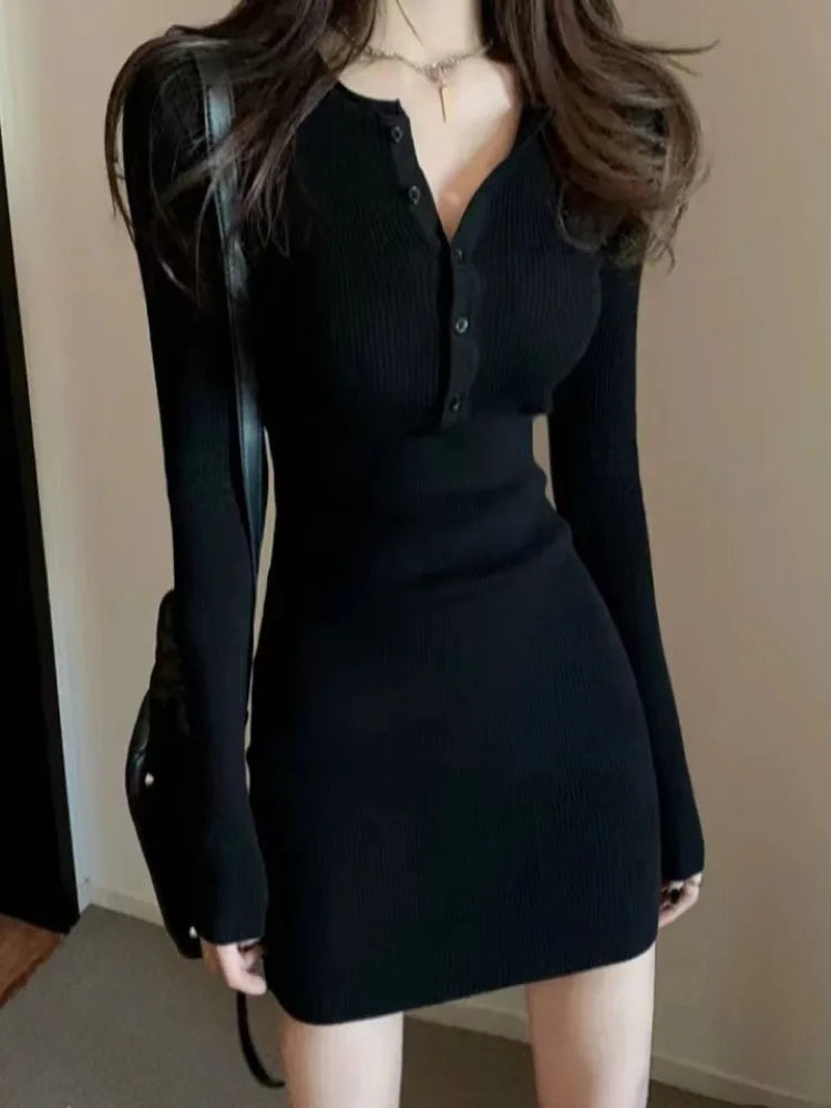 V-Neck Knit Bodycon Mini Dress | Long Sleeve Elastic Waist Slim Club Dress Luxegan