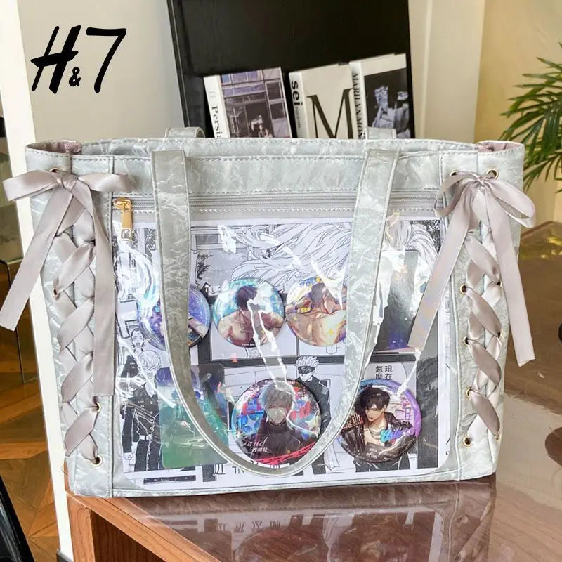 New Versatile Fashion Ribbon Ita Bag | Large Capacity Anime Millet Bag | Sophisticated Green Lace & Bow Shoulder Tote | Fashion-Forward Canvas Daily Outfit Bag with Artisan Charm Luxegan